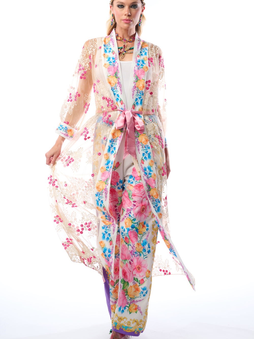 Aratta Sheer Floral Embroidered Robe with Pink Satin Belt
